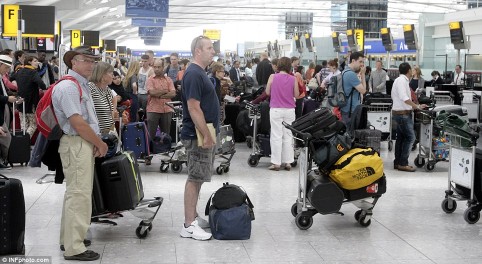 Queues: Disgruntled fliers have been left all over the world with no bags. So many have gone astray that the usual lost luggage tracking system is not working properly (Courtesy: Daily Mail)